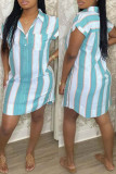 Deep Blue Fashion Casual Striped Print Basic Turndown Collar Shirt Dress
