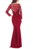 Blue Fashion Long Sleeves O neck Slim Dress Floor-Length Patchwork 