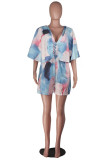 Pink Fashion Sexy Print Button Short Sleeve Rompers