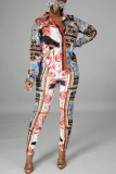 Multicolor Fashion Casual Print Basic Turndown Collar Long Sleeve Two Pieces