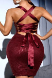 Burgundy Fashion Sexy Patchwork Bandage Sequins Backless Spaghetti Strap Sleeveless Dress