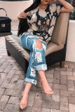 Blue Denim Zipper Fly High Hole Straight Pants Bottoms