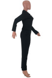 Black Blends Street Solid Hole Zippered pencil Long Sleeve Two Pieces