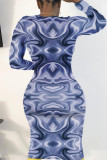 Blue British Style Print O Neck Long Sleeve Mid Calf Pencil Skirt Dresses