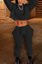 Black Casual Solid Patchwork O Neck Long Sleeve Two Pieces