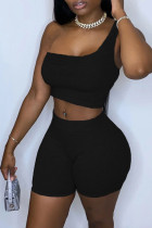Black Sportswear Solid Patchwork One Shoulder Sleeveless Two Pieces
