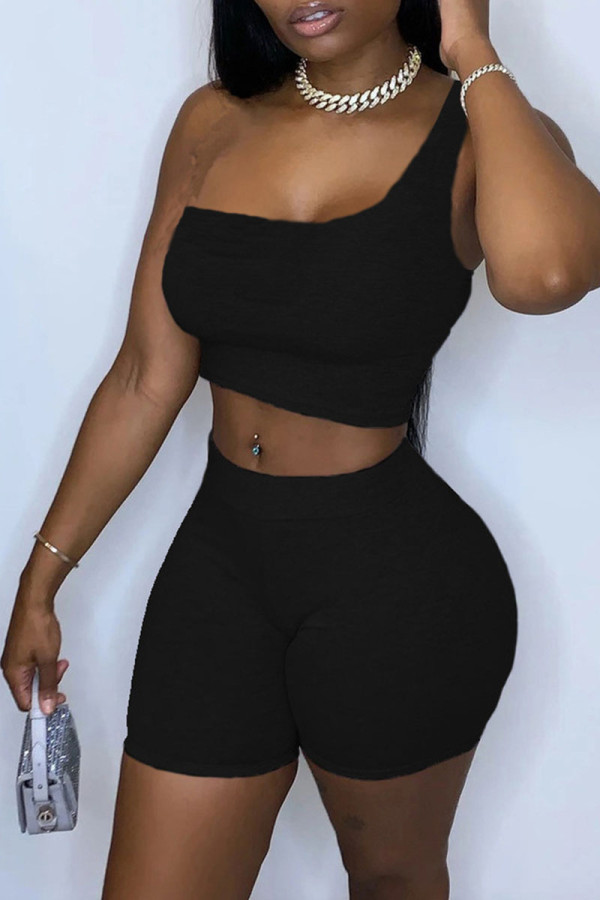 Black Sportswear Solid Patchwork One Shoulder Sleeveless Two Pieces