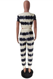 White Black Fashion Casual Print Basic O Neck Long Sleeve Two Pieces