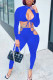 Blue Sexy Solid Hollowed Out Patchwork Frenulum O Neck Long Sleeve Two Pieces