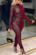 Wine Red Fashion Sexy Patchwork See-through Turtleneck Skinny Jumpsuits