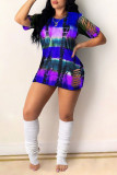 Red Fashion Casual Print Tie Dye Ripped O Neck Short Sleeve Dress