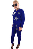 Royal blue Elastic Fly Mid Patchwork Print pencil Pants Two-piece suit
