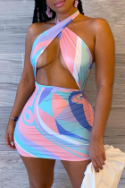 Pink Sexy Print Hollowed Out Halter Pencil Skirt Dresses