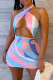 Pink Sexy Print Hollowed Out Halter Pencil Skirt Dresses
