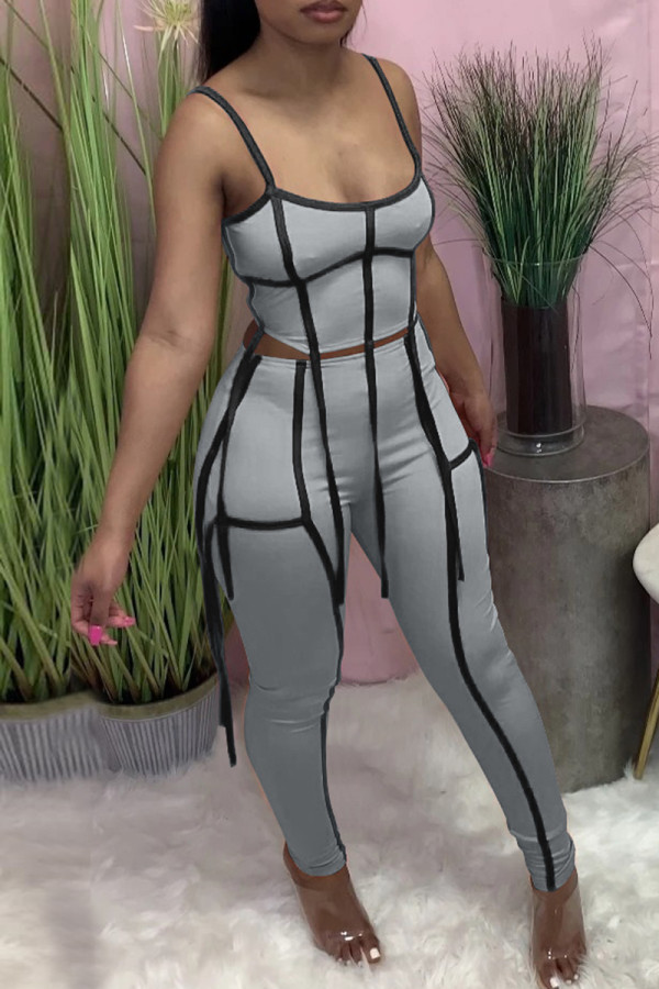 Grey Sexy Solid Patchwork Spaghetti Strap Sleeveless Two Pieces
