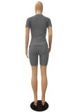 Grey Fashion Casual Letter Embroidered O Neck Short Sleeve Two Pieces