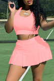 Red Casual Sportswear Solid Basic U Neck Sleeveless Two Pieces