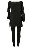 Black Sexy Solid Two Piece Suits Patchwork Beading pencil Long Sleeve Two-piece Pants Set