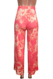 Yellow Pink Yellow Elastic Fly Sleeveless High Patchwork Print Boot Cut Pants Bottoms