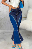 Dark Blue Street Solid Patchwork High Waist Boot Cut Denim Jeans