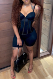 Black Sexy Solid Patchwork Spaghetti Strap Sleeveless Two Pieces