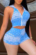 Light Blue Sexy Casual Print Backless Hooded Collar Sleeveless Two Pieces