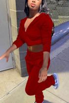 Red Sexy Solid Hooded Collar Long Sleeve Two Pieces