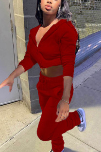 Red Sexy Solid Hooded Collar Long Sleeve Two Pieces