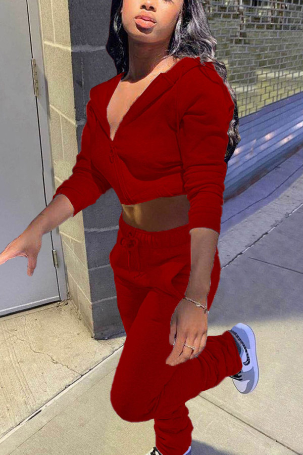 Red Sexy Solid Hooded Collar Long Sleeve Two Pieces