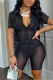 Black Fashion Sexy Solid See-through Turndown Collar Short Sleeve Two Pieces
