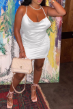 White Sexy Solid Draw String Spaghetti Strap Pencil Skirt Dresses