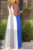 Blue Spaghetti Strap Sleeveless Slip Straight Floor-Length Striped Print Dresses
