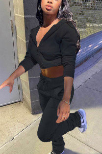 Black Sexy Solid Hooded Collar Long Sleeve Two Pieces