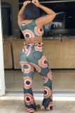 Green Sexy Fashion Off The Shoulder Sleeveless Wrapped chest Straight Ankle-Length backless Patchwork Prin