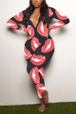 Black Living Lips Printed V Neck Skinny Jumpsuits