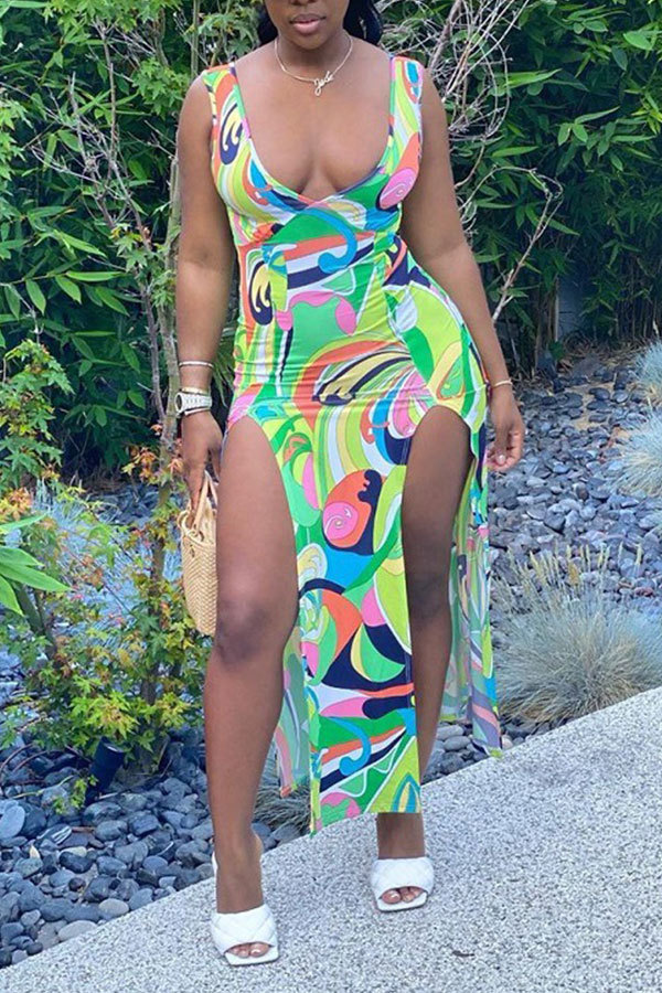 multicolor Fashion Sexy adult multicolor Tank Sleeveless V Neck Asymmetrical Mid-Calf Print Patchwork split asymmetrical Dresses