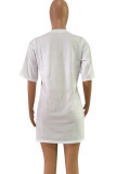 White Street Fashion adult Cap Sleeve Half Sleeves O neck Straight Mini Print Character Patchwor