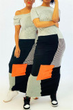 Grey Fashion Short Sleeve Patchwork Long Dress