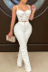 White Sexy Solid Patchwork Fold Zipper Spaghetti Strap Sleeveless Two Pieces