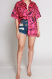 Red Nylon Turndown Collar Short Sleeve Patchwork Print Slim fit Button Tops