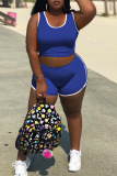 Blue Casual Solid Patchwork O Neck Plus Size Two Pieces