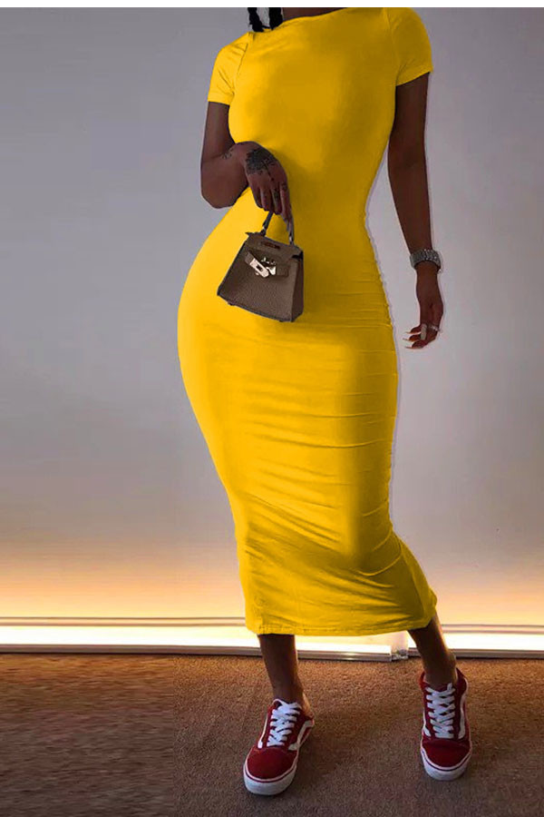 Yellow Fashion Casual White Red Black Orange Yellow Cyan Cap Sleeve Short Sleeves O neck Pencil Dress Mid-Calf Solid Dresses