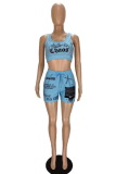 Blue Casual Print Patchwork U Neck Sleeveless Two Pieces