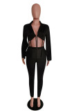 Black Casual Solid Patchwork V Neck Long Sleeve Two Pieces