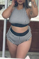 White Sexy Casual Plaid Print Vests O Neck Plus Size Swimwear