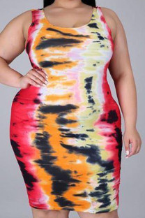 Multi-color Sexy Tank Sleeveless O neck A-Line skirt Tie and dye Dresses