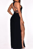 Black Fashion Sexy Solid Backless Slit O Neck Regular Jumpsuits
