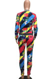 Rose Red Sportswear Print Zipper Collar Long Sleeve Two Pieces