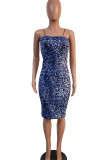 Blue Fashion Casual adult Ma'am Spaghetti Strap Sleeveless Slip Pencil Dress Knee-Length Print Leopard Dresses