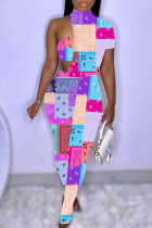 Pink Fashion Sexy Print Hollowed Out Turtleneck Short Sleeve Two Pieces